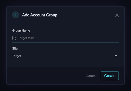 The Add Group dialog with a Group Name box and a Site drop-down