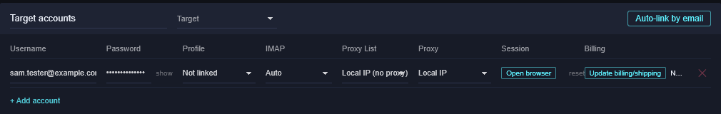 An account row: Username, Password, Profile, IMAP, Proxy List, Proxy, a Session column with Open browser, and Billing with Update billing/shipping