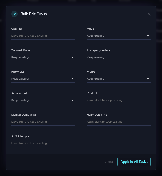 The Bulk Edit Group dialog with every field set to keep existing