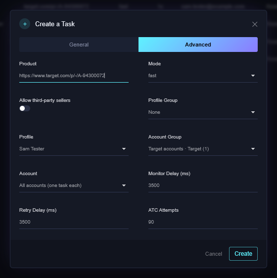 The Advanced tab: Product link, Mode, Allow third-party sellers, Profile Group, Profile, Account Group, Account, Monitor Delay, Retry Delay and ATC Attempts