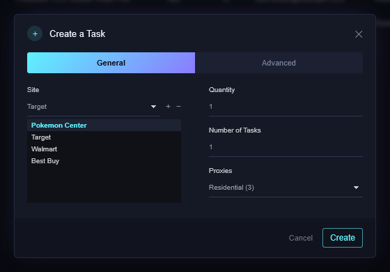 The Create a Task dialog, General tab: a Site list, Quantity, Number of Tasks and a Proxies drop-down
