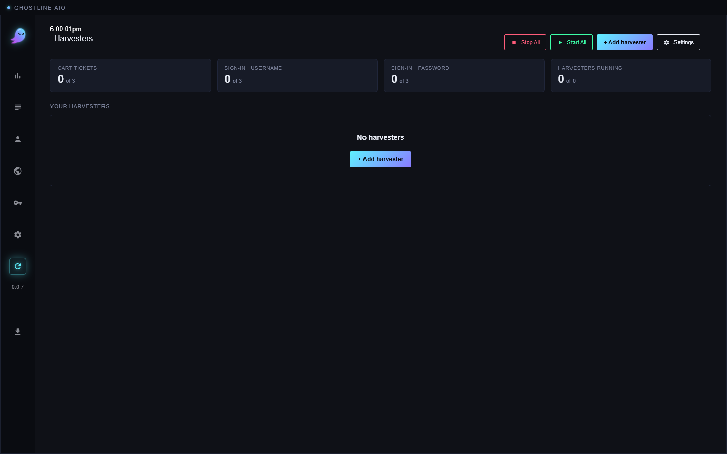 The Harvesters view: four counters for cart tickets, sign-in username, sign-in password and harvesters running, all at 0 of 3, and an Add harvester button