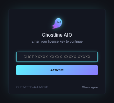 The key card: the Ghostline ghost, a box for the license key, an Activate button, and your Machine ID in the bottom corner