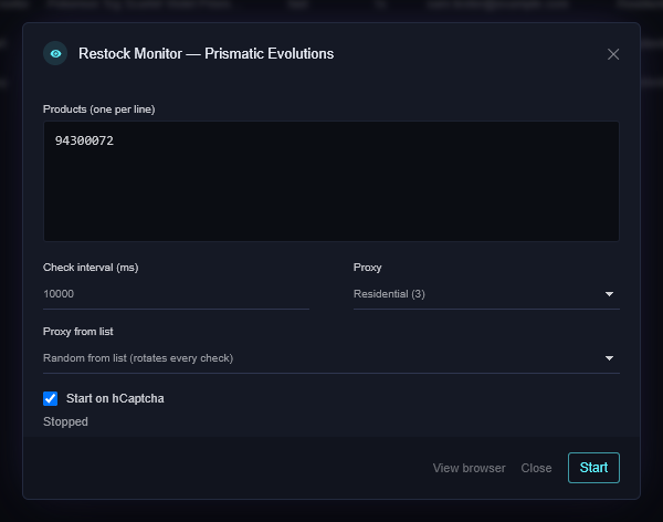 The Restock Monitor dialog: Products one per line, Check interval in ms, Proxy list, Proxy from list, a Start on hCaptcha checkbox, and Start, Close and View browser buttons