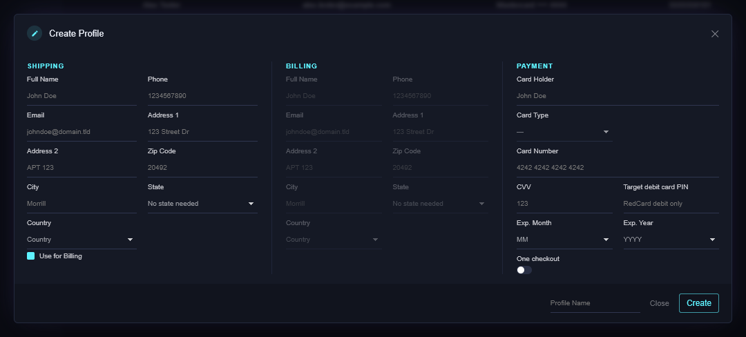The profile form with shipping fields on the left, billing in the middle, and the card, PIN and profile name on the right