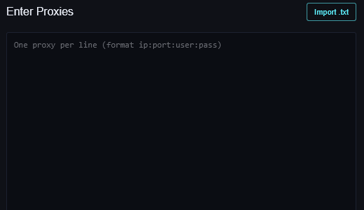 The Enter Proxies box with the format hint one proxy per line, host:port:user:pass, and an Import .txt button