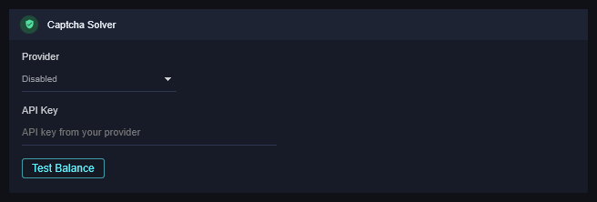The Captcha Solver panel in Settings: Provider drop-down, API Key box, and a Test Balance button