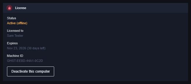 The License box showing Status Active (offline)