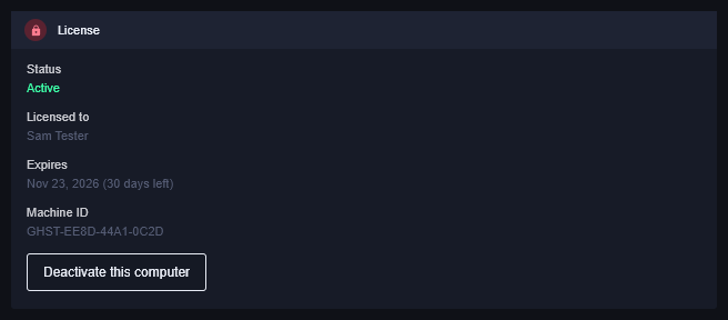 The License box in Settings: Status Active, Licensed to, Expires with days left, Machine ID, and a Deactivate this computer button