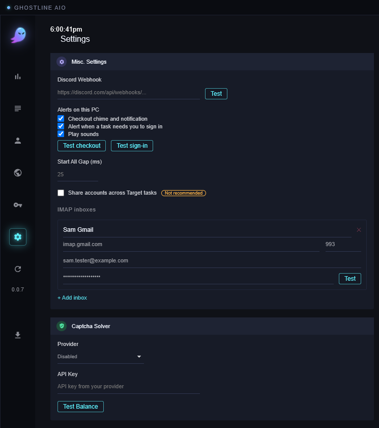 The left half of the Settings view: the button row at the top, then Misc. Settings and Captcha Solver
