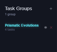 The Task Groups panel with one group named Prismatic Evolutions showing 4 tasks