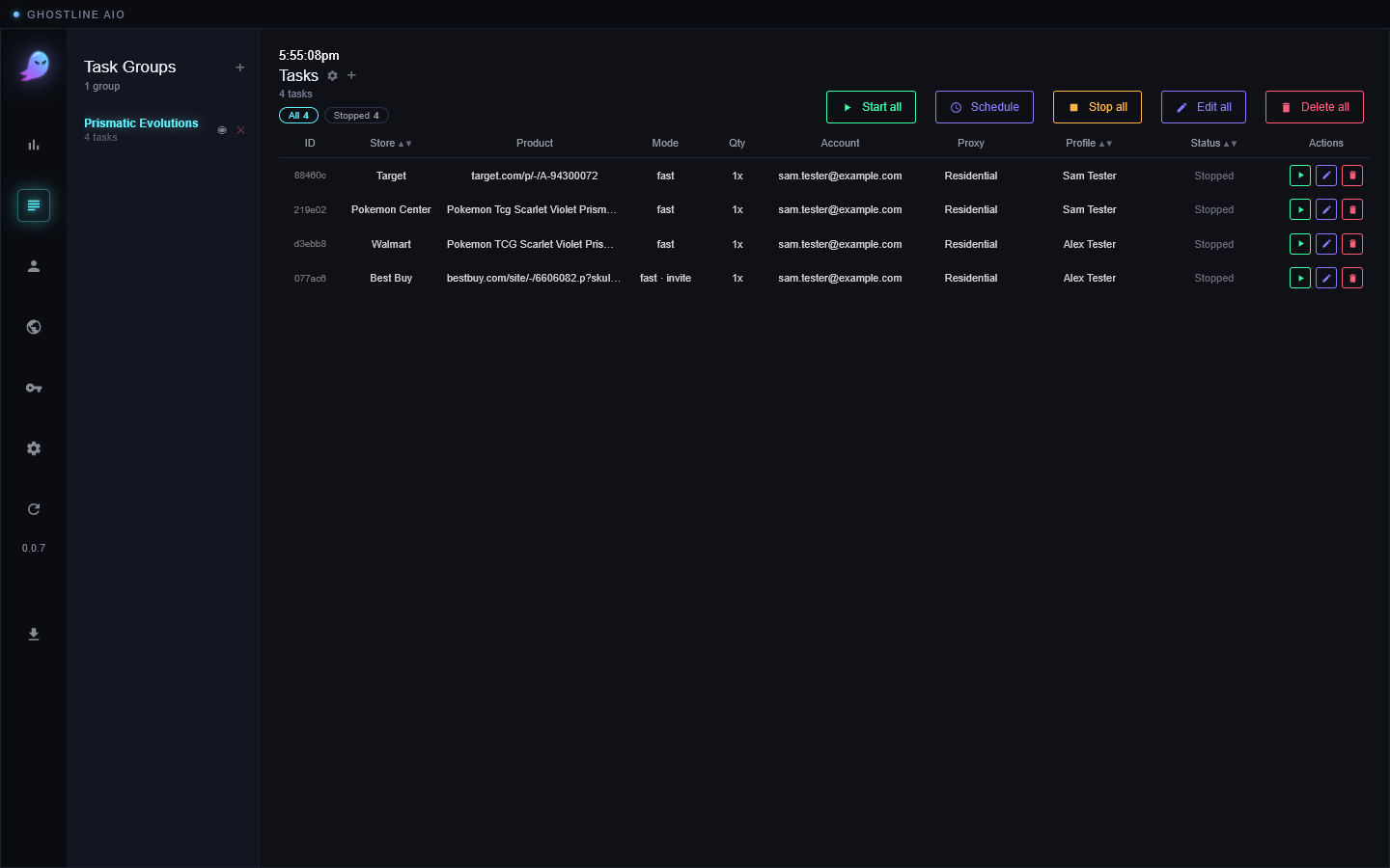The Tasks view with four task rows showing store, product, mode, quantity, account, proxy list, profile and status